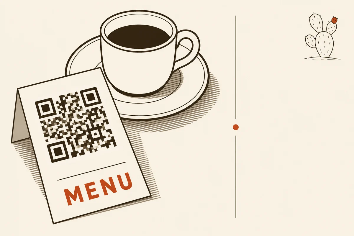 Ilustracija: ruka drži telefon iznad papirnog stalka sa QR kodom; ekran telefona pokazuje red menija na srpskom i engleskom.